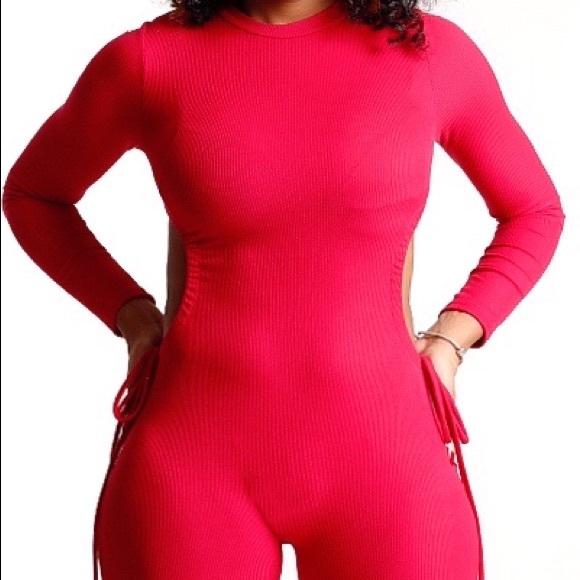 Red Ripple Cutouff Jumpsuit - Picture 4 of 10